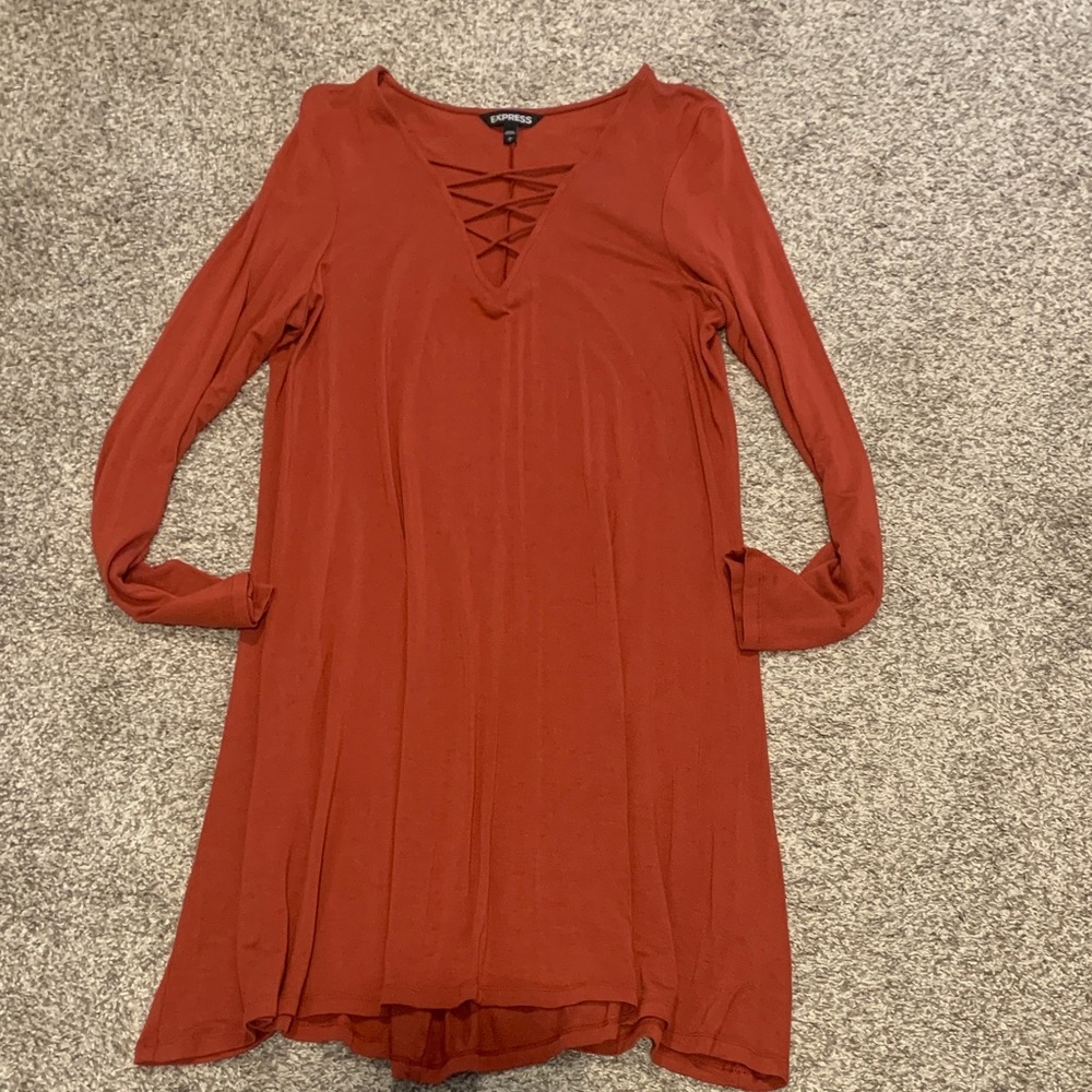 Express Rust Long Sleeve Dress with Crisscross Neckline